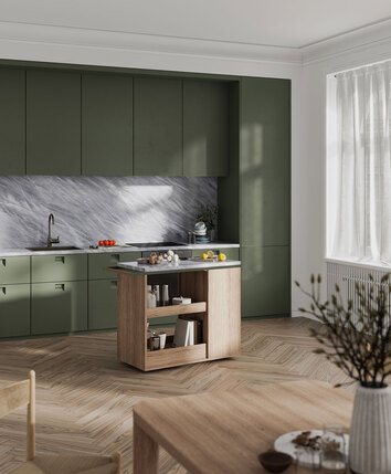 Remy serveringsvogn i hvidbetset eg med marmorplade i Elegant Grey og metalhåndtag i 39 Quartz Grey i et grønt køkken