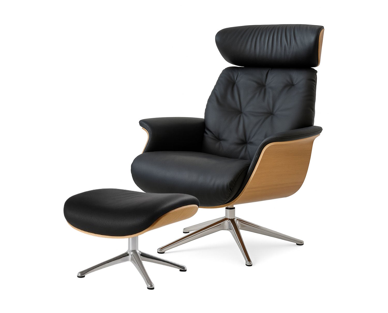 Apollo Lænestol og fodskammel med finérsider i eg polstret i læderet Omaha Ink Jet Black med ben i poleret aluminium