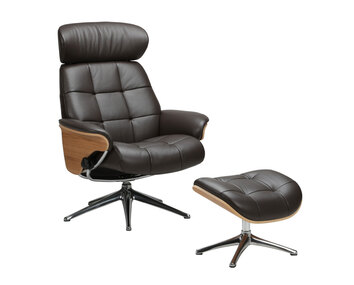 Skagen Lænestol og fodskammel med finérsider i læderet Savoy Platin Black med ben i poleret aluminium