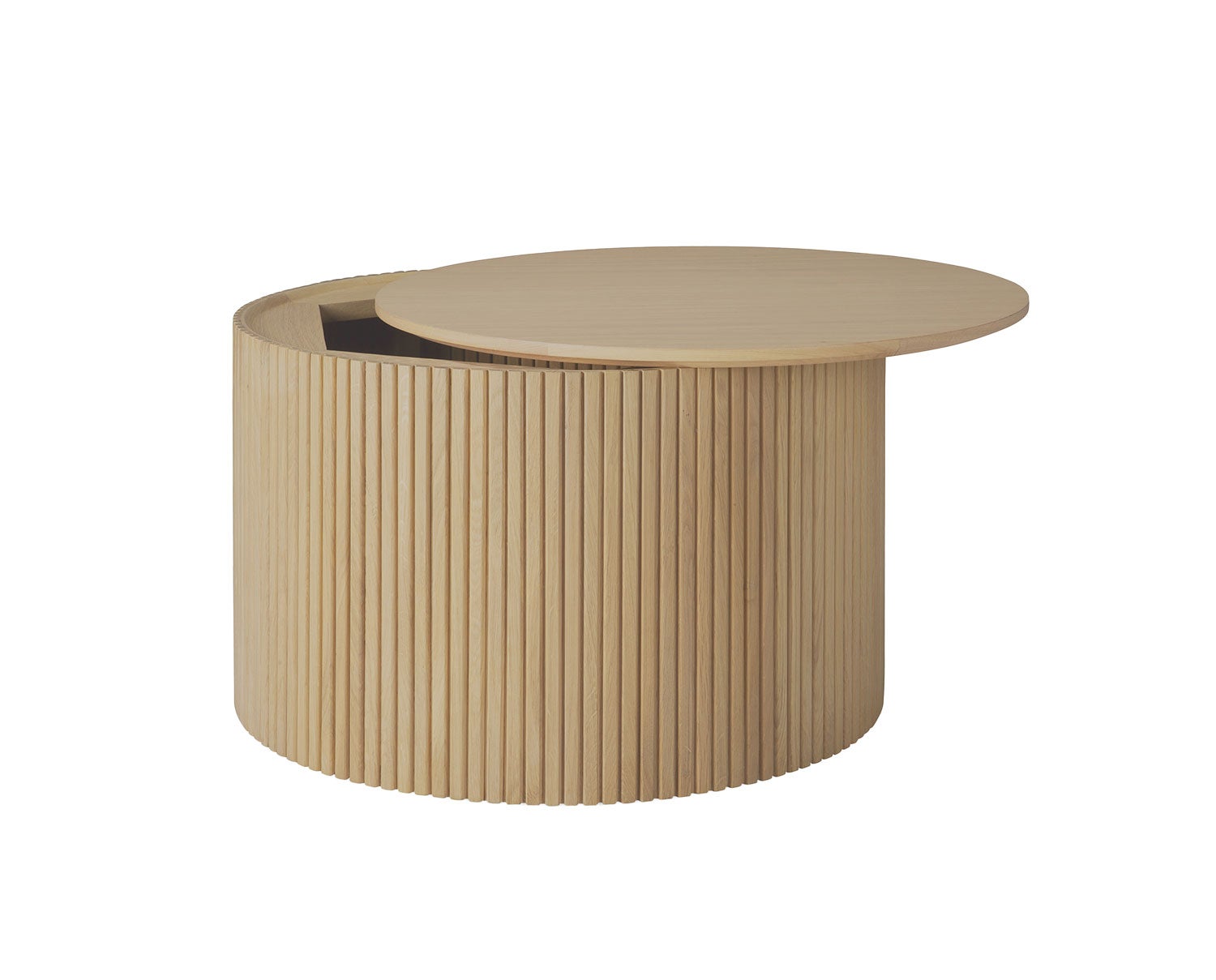Roller Max Sofabord med en diameter på 60 centimeter i hårdvoksolieret eg med åbent låg