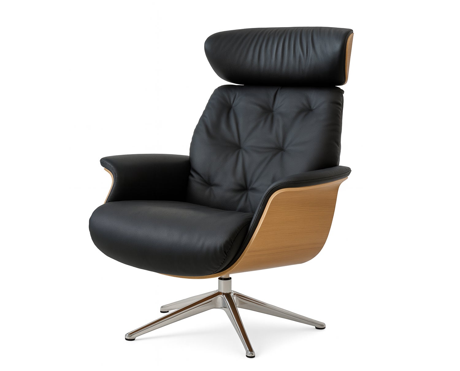 Apollo Lænestol med finérsider i eg polstret i læderet Omaha Ink Jet Black med ben i poleret aluminium