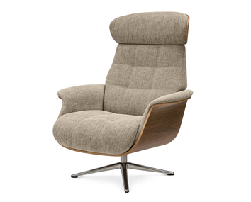 Marc Lænestol med valnødfinér i stoffet Burano 1090 Mushroom med ben i poleret aluminium