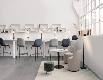 DedalShelf_ModernLinePouffe_GUBI1-0DiningTable_TailLoungeChair_CobraFloorLamp