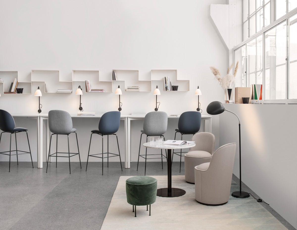 DedalShelf_ModernLinePouffe_GUBI1-0DiningTable_TailLoungeChair_CobraFloorLamp