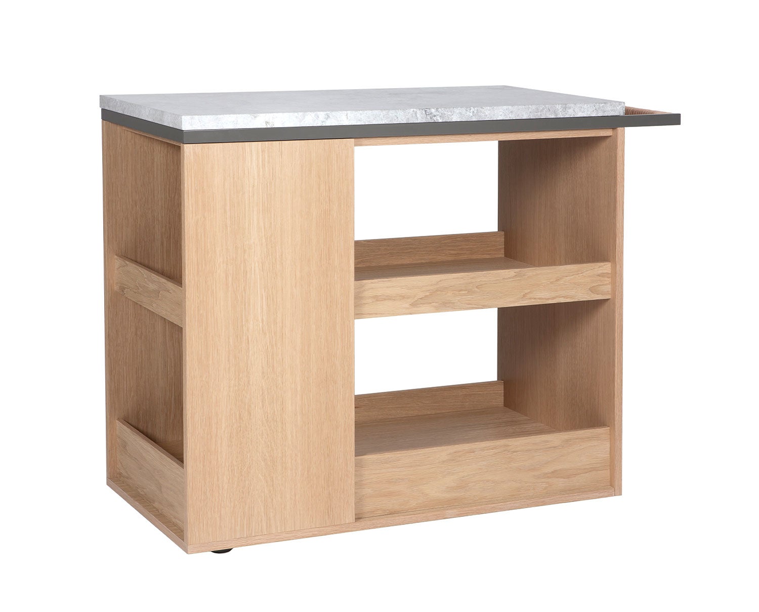 Remy serveringsvogn i hvidbetset eg med stenplade i Elegant Grey og metalhåndtag i 39 Quartz Grey