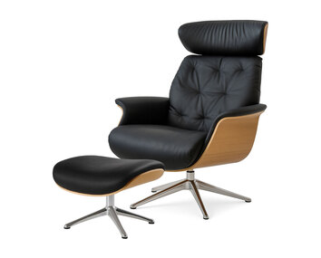 Apollo Lænestol og fodskammel med finérsider i eg polstret i læderet Omaha Ink Jet Black med ben i poleret aluminium
