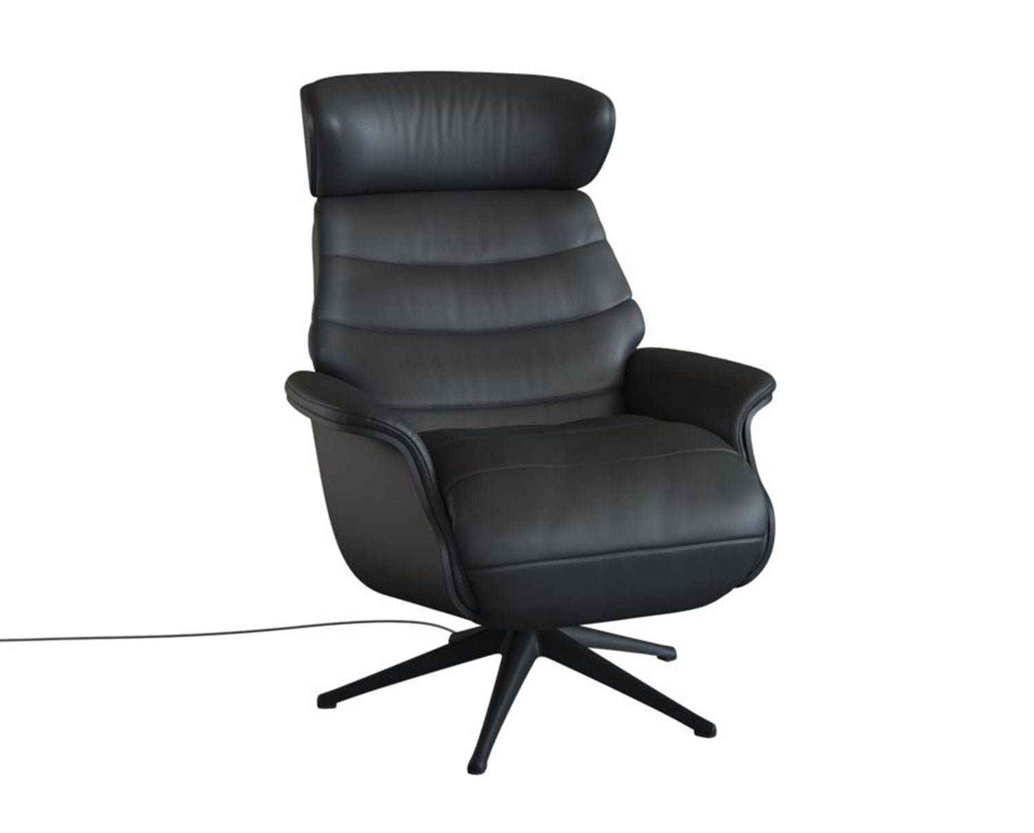 Marina Reclinerlænestol med strømkabel fuldpolstret i læderet Savoy Platin Black med ben i sort aluminium